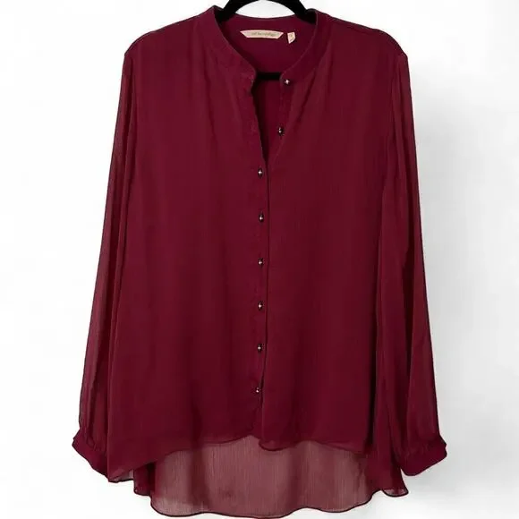 Soft Surroundings Burgundy Collarless Capizzi Top with Sheer Sleeves (L) - Picture 5 of 11